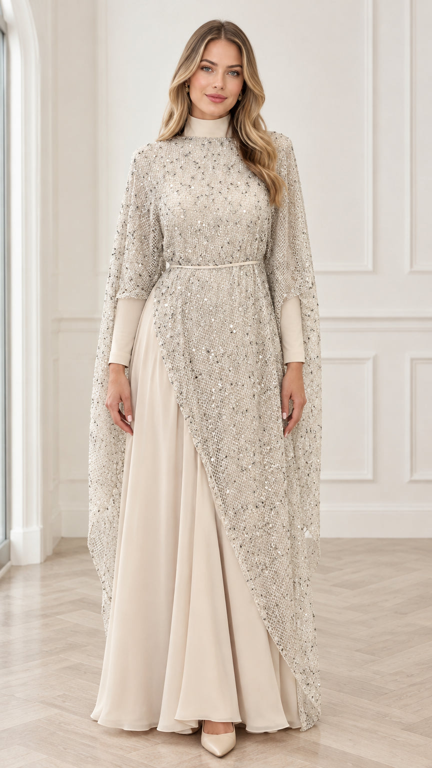 Champagne high neck sequin cape maxi evening dress front view