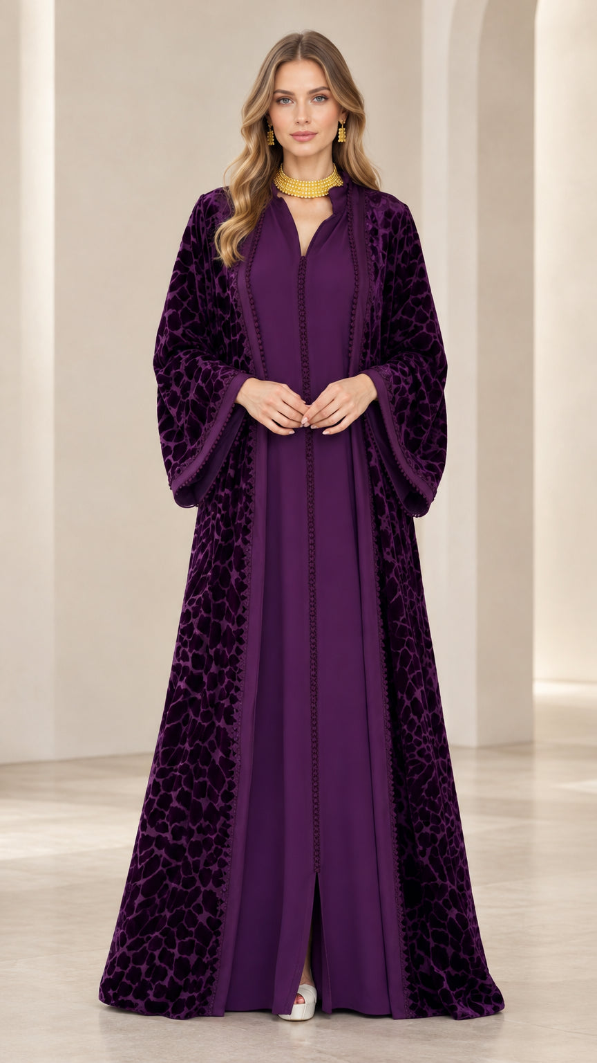 Women's deep purple burnout velvet abaya maxi dress front view