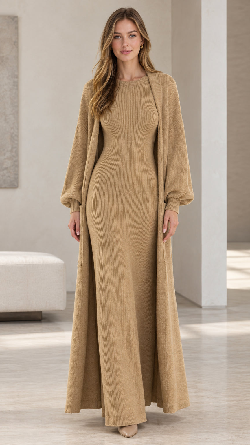 Full-length front view of woman wearing camel ribbed knit maxi dress and matching duster cardigan set