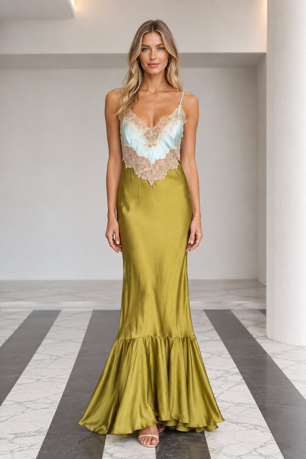 Front view of olive green satin maxi slip dress with lace bust trim and ruffled mermaid hem