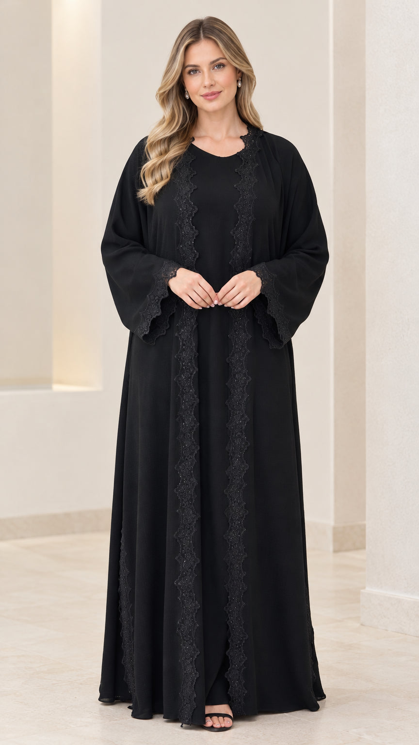 Front full view of women's black lace-trimmed modest abaya maxi dress
