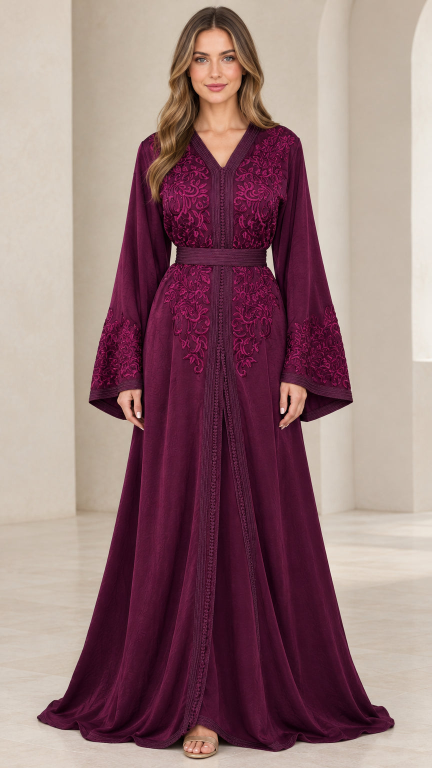 Burgundy embroidered V-neck kaftan maxi dress with bell sleeves front view