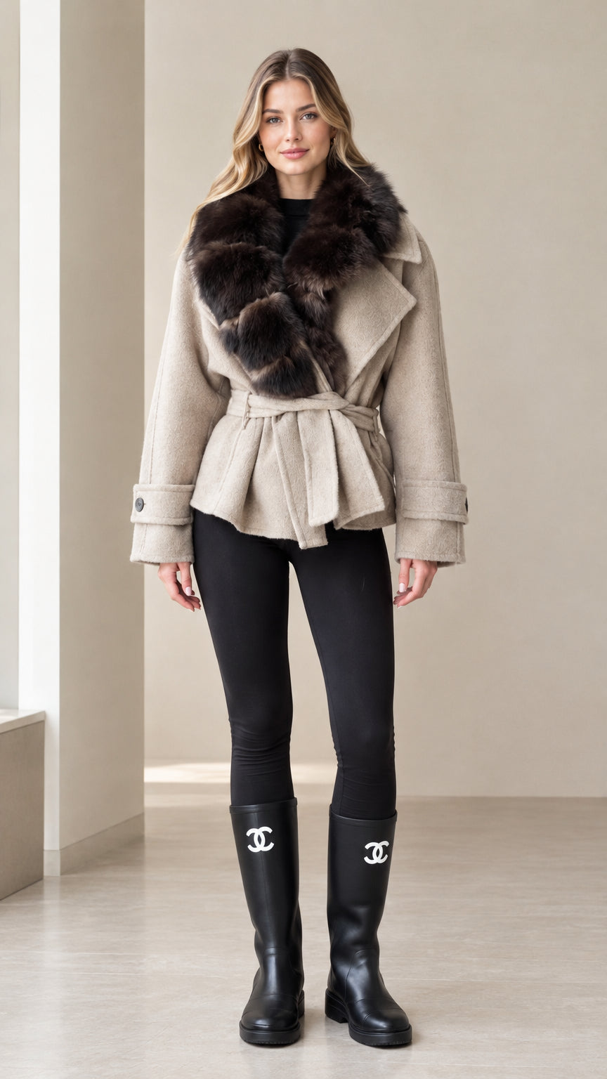 Front full view of woman wearing beige faux fur collar belted short coat with black leggings and boots