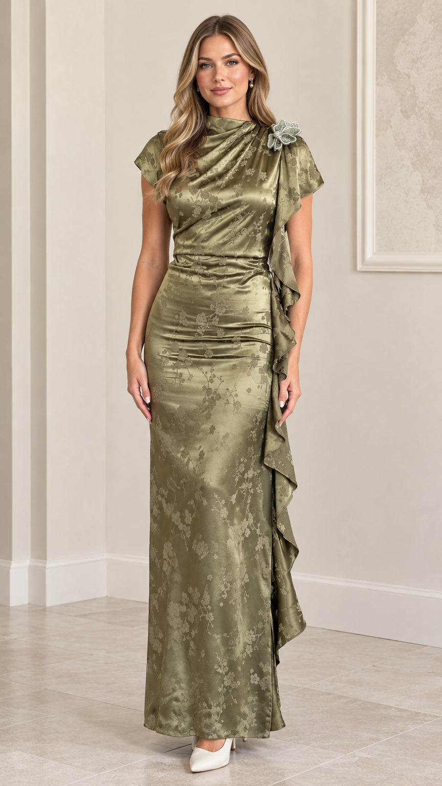 Front view of model wearing Sage Green satin floral jacquard cap sleeve maxi dress with cascading side ruffle