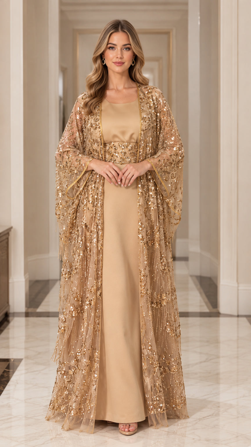 Front view of model wearing gold sequin cape abaya maxi dress set