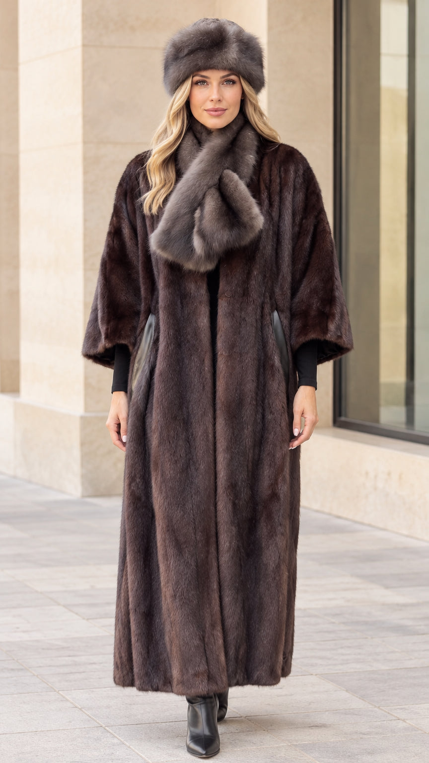 Full front view of women's maxi faux fur coat in espresso brown