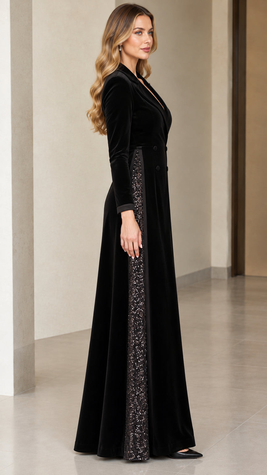 Side profile view of black velvet maxi blazer dress showing sequin panel detailing