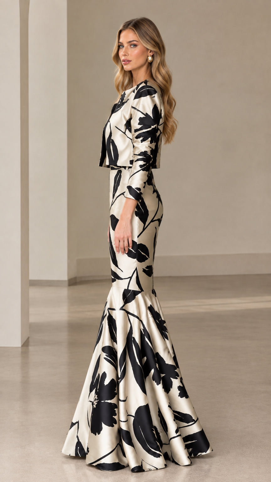 Side profile view of ivory floral two-piece evening dress set with flare hem