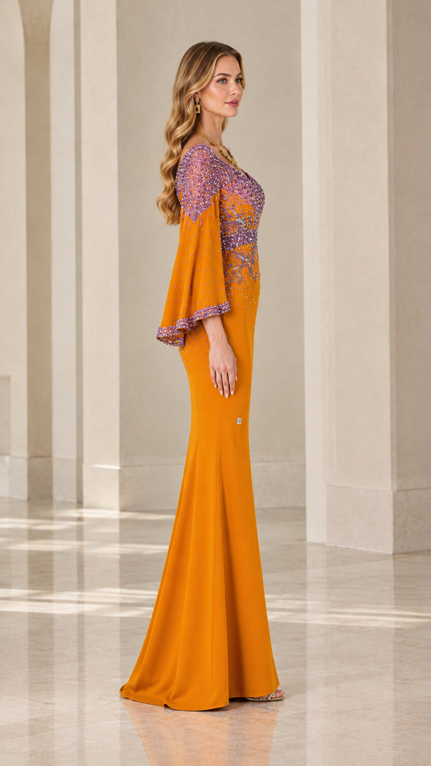 Marigold yellow formal mermaid gown side profile view