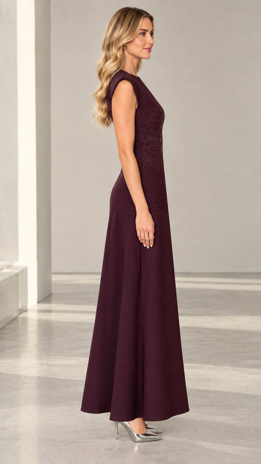 Burgundy formal maxi dress side profile view showing elegant silhouette