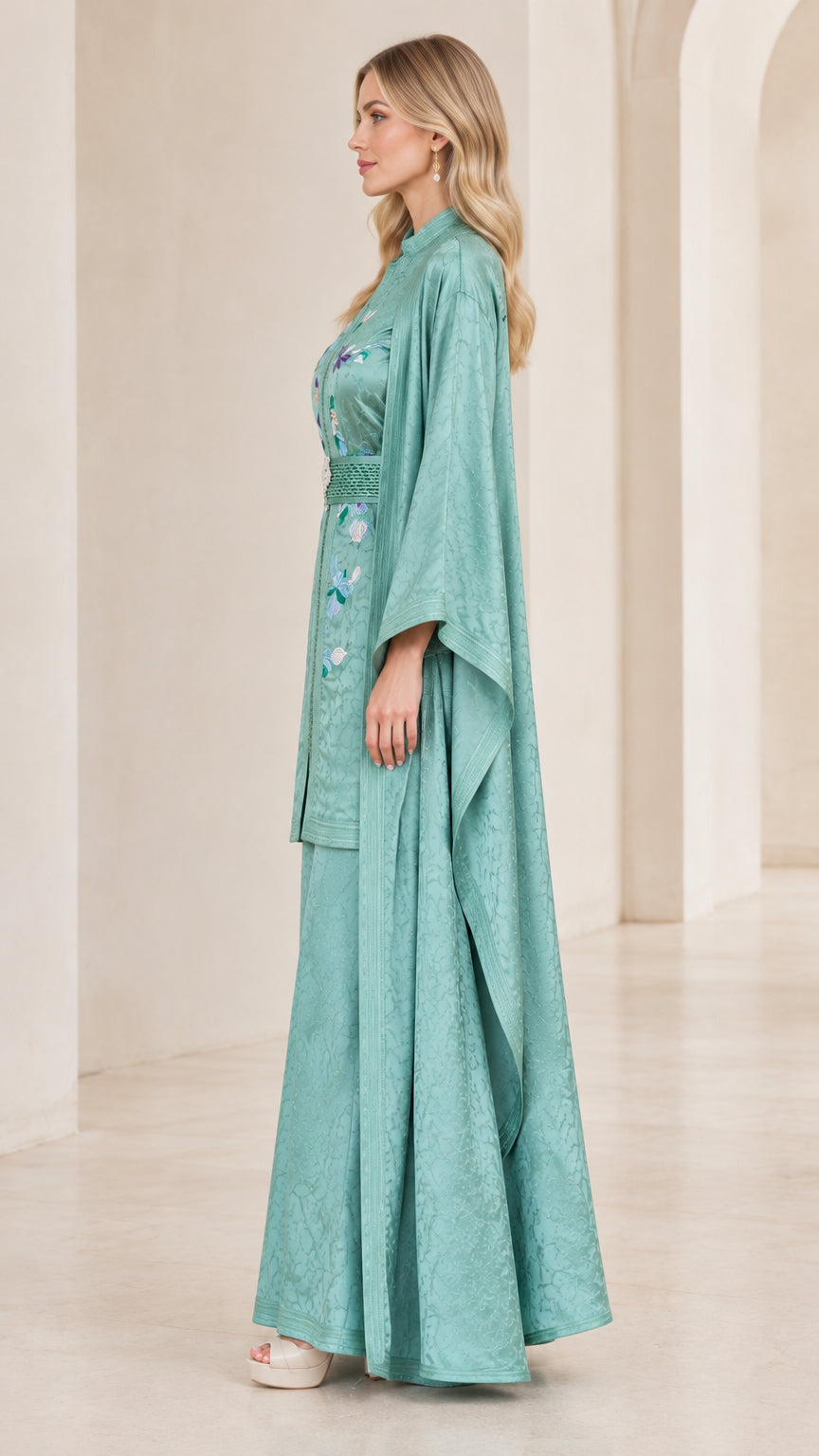 Side profile view of Sage Green modest embroidered kaftan pant suit with sweeping duster