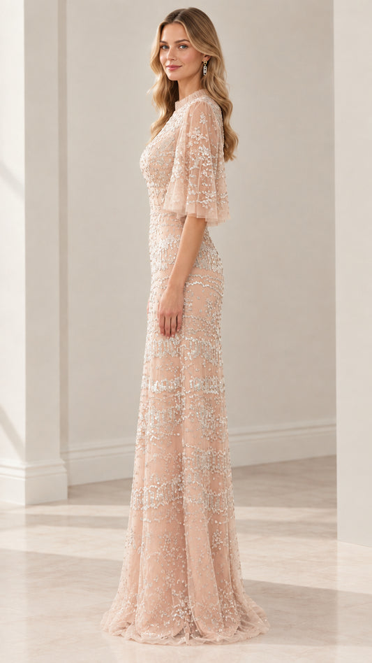 Side profile view of champagne sequin maxi formal dress with flutter sleeves