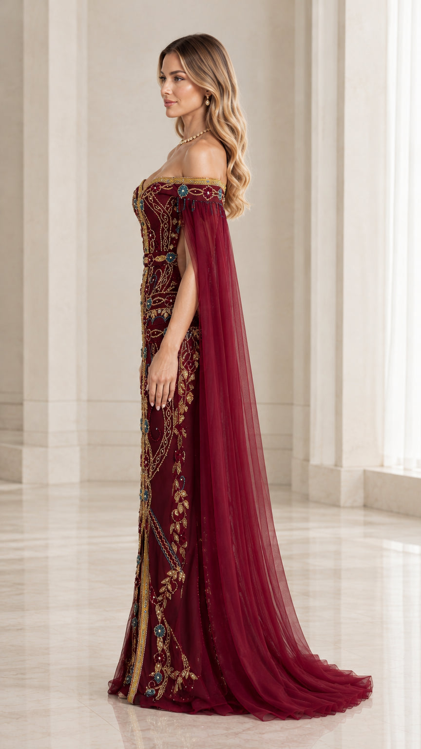 Side profile view of woman wearing burgundy embroidered cape maxi dress