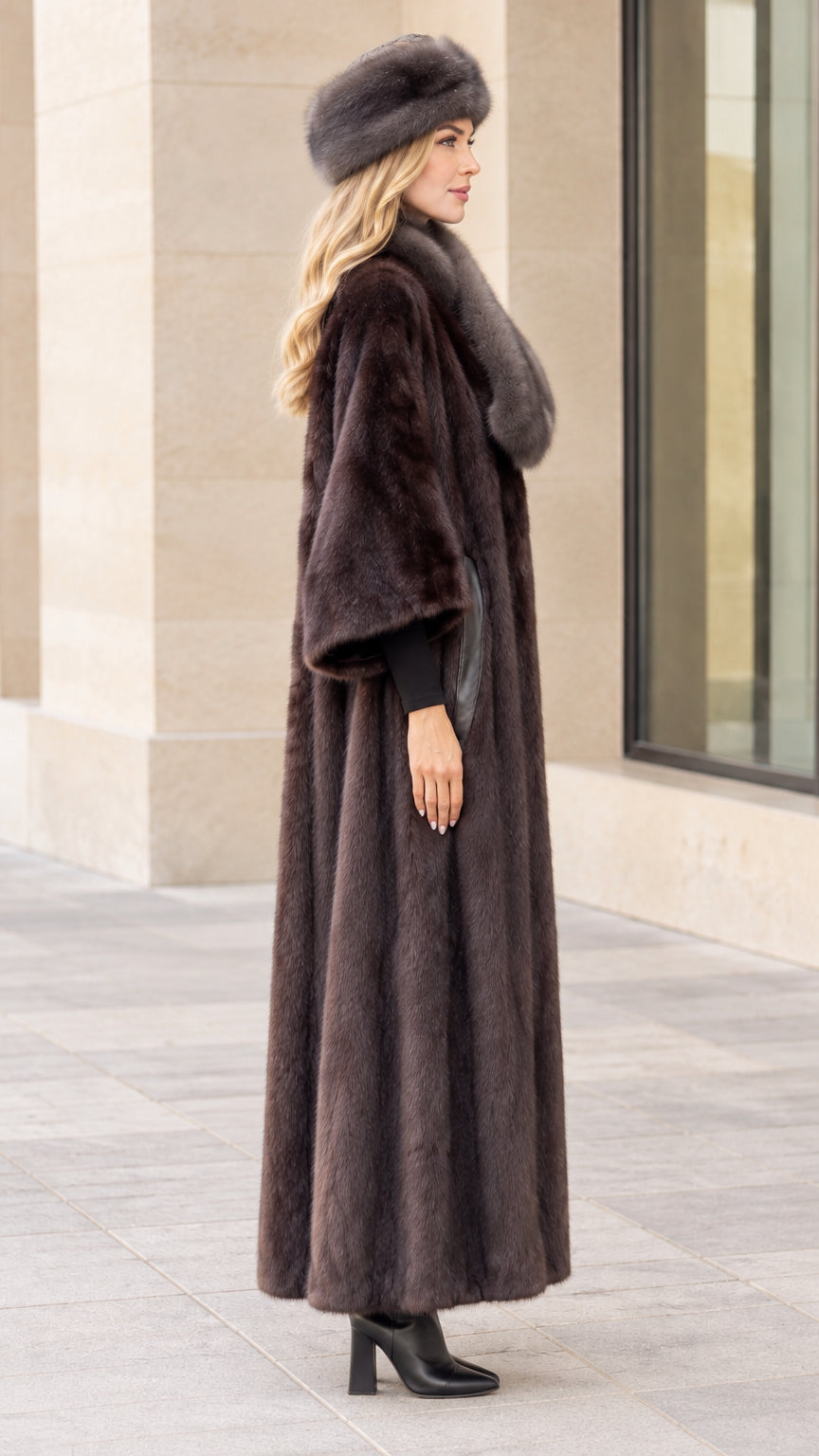 Side profile view of women's long plush faux fur coat in espresso brown