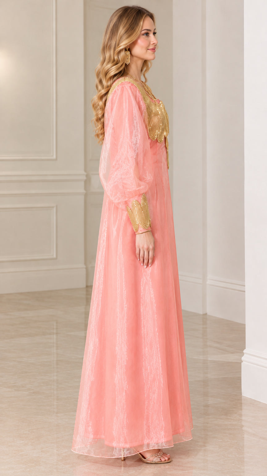 Side profile view of pink shimmer maxi dress with long balloon sleeves