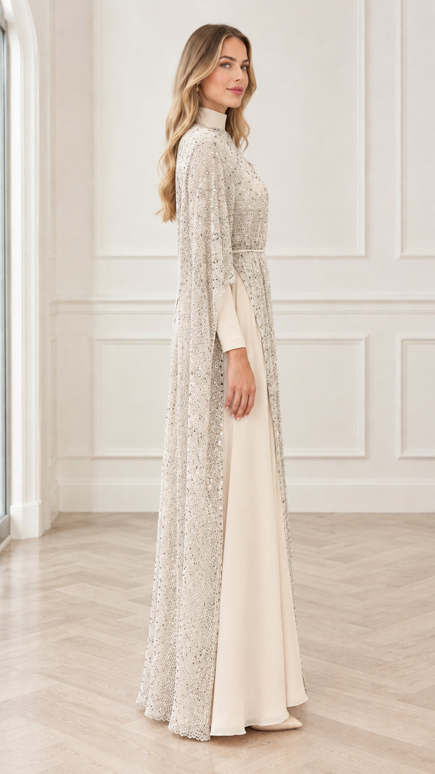 Champagne sequin cape formal gown three-quarter side view