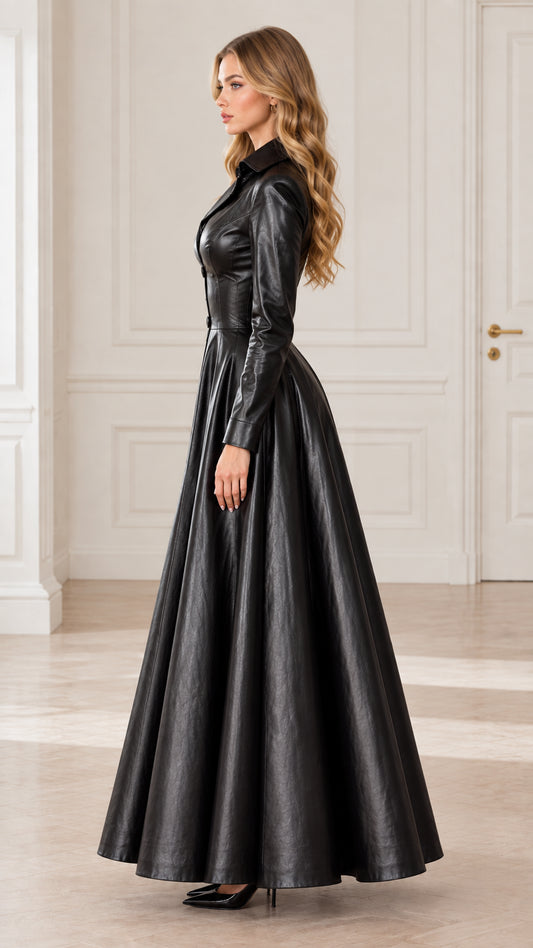 Side profile of woman in full-skirted black faux leather maxi dress