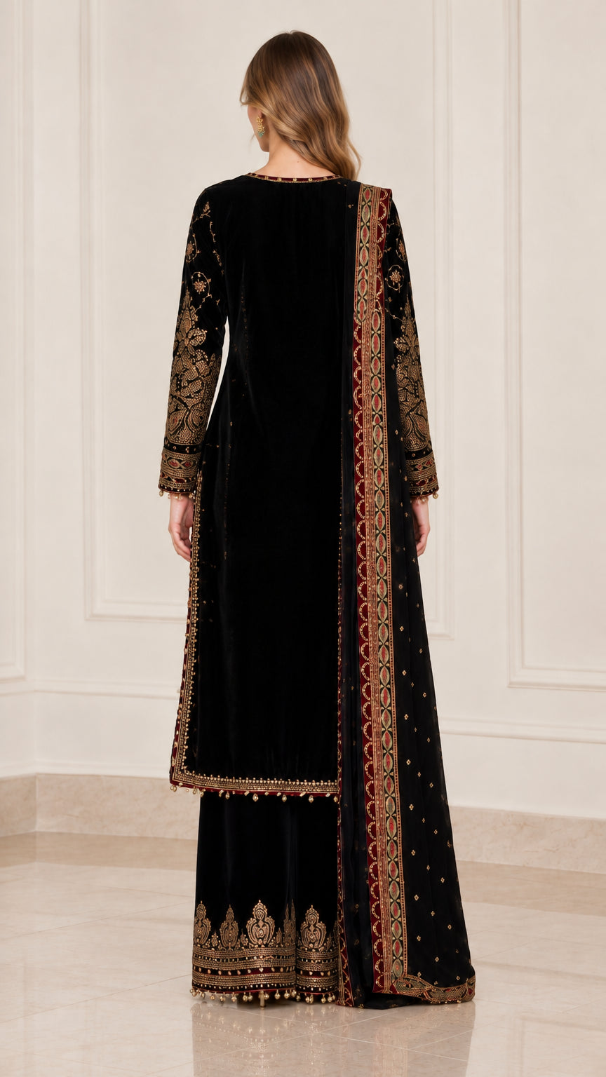 Back view of black velvet embroidered kurta suit set draped with dupatta