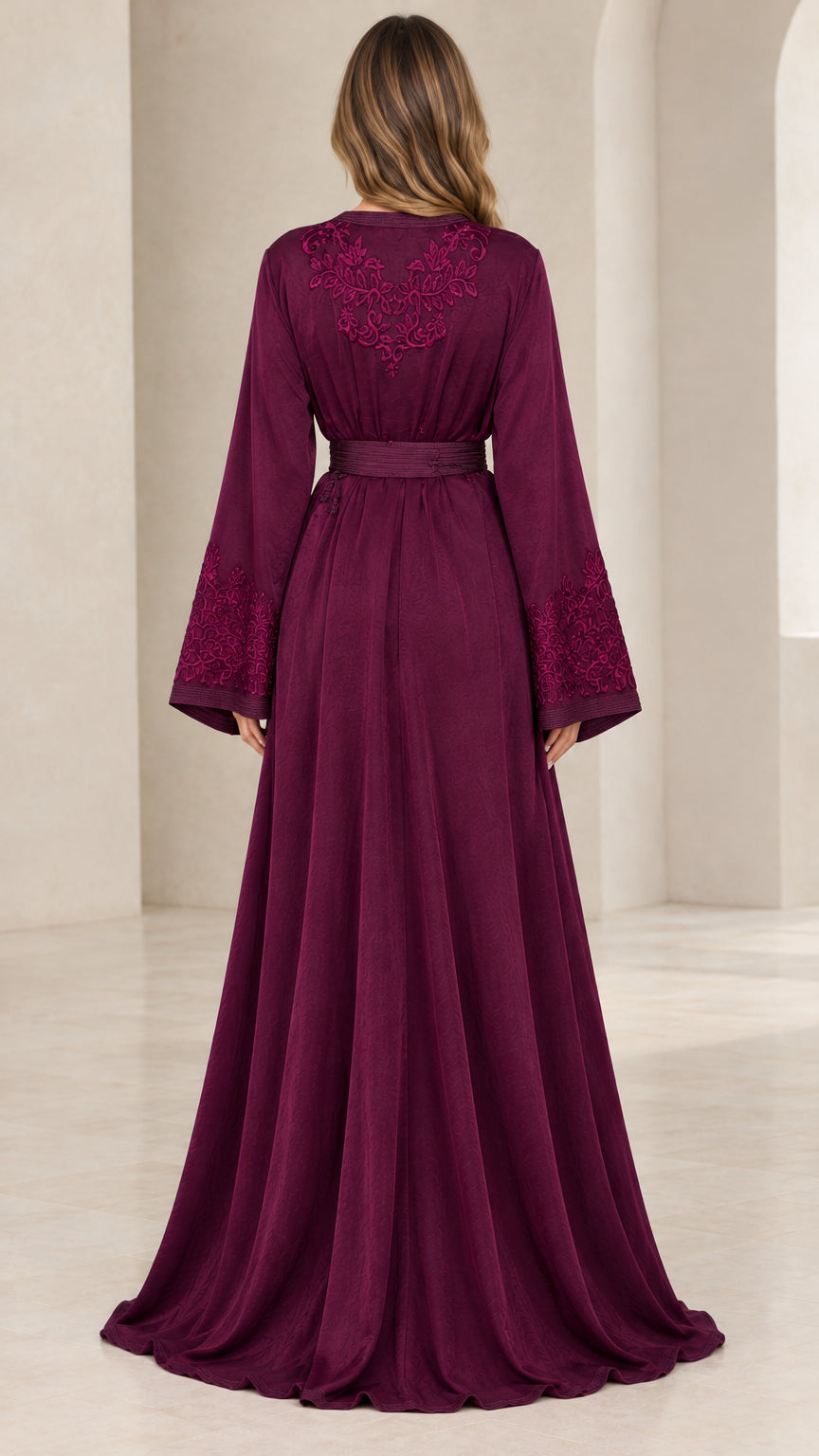 Burgundy embroidered kaftan gown back view showing embroidery