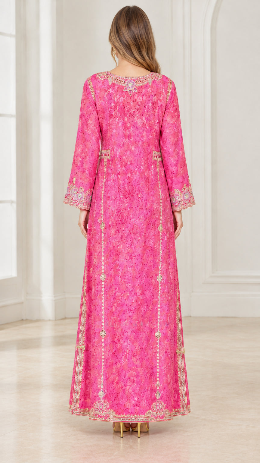 Back view of woman wearing Fuchsia Pink embroidered formal maxi gown
