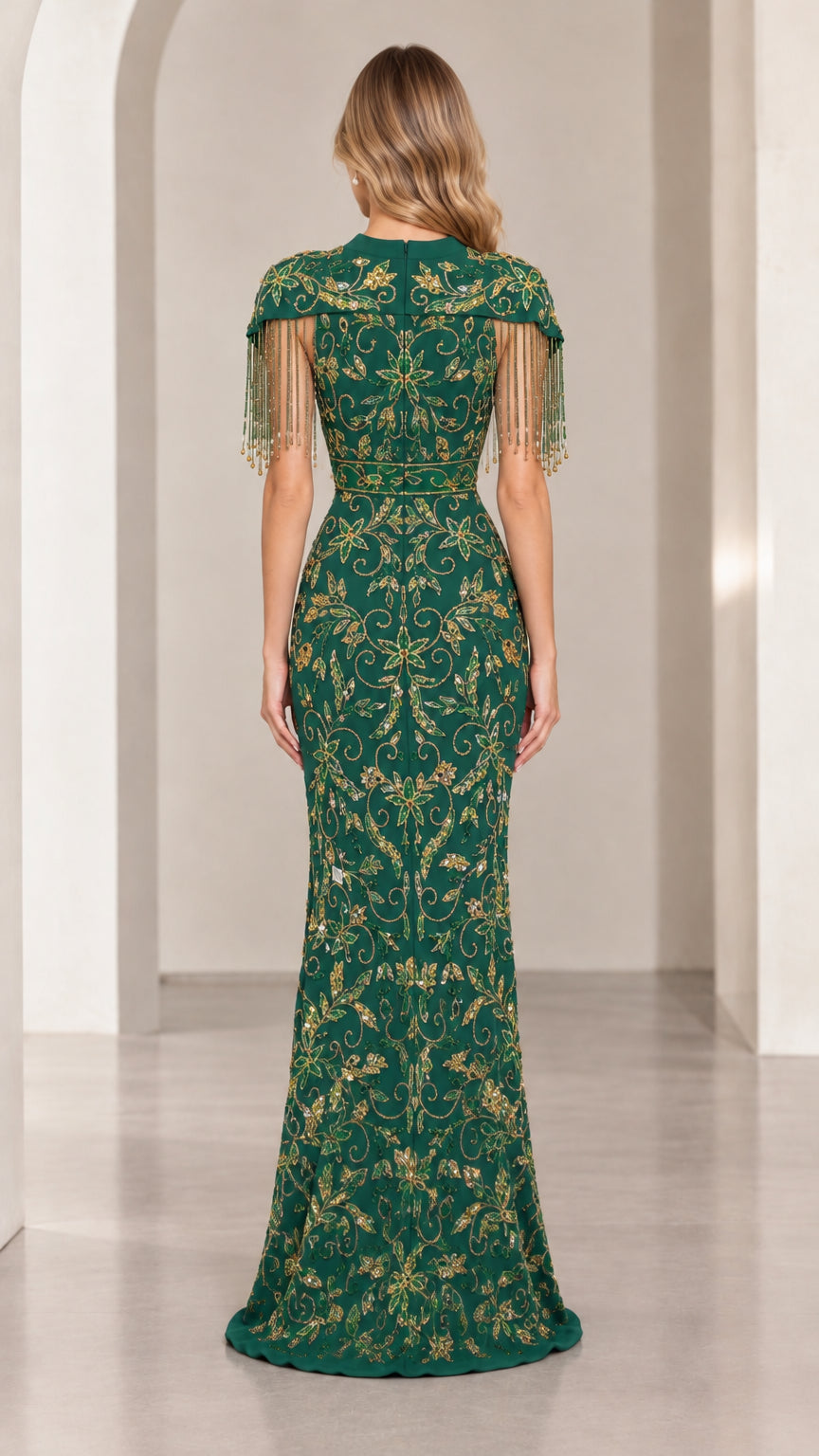 Emerald green floor-length beaded evening dress back view