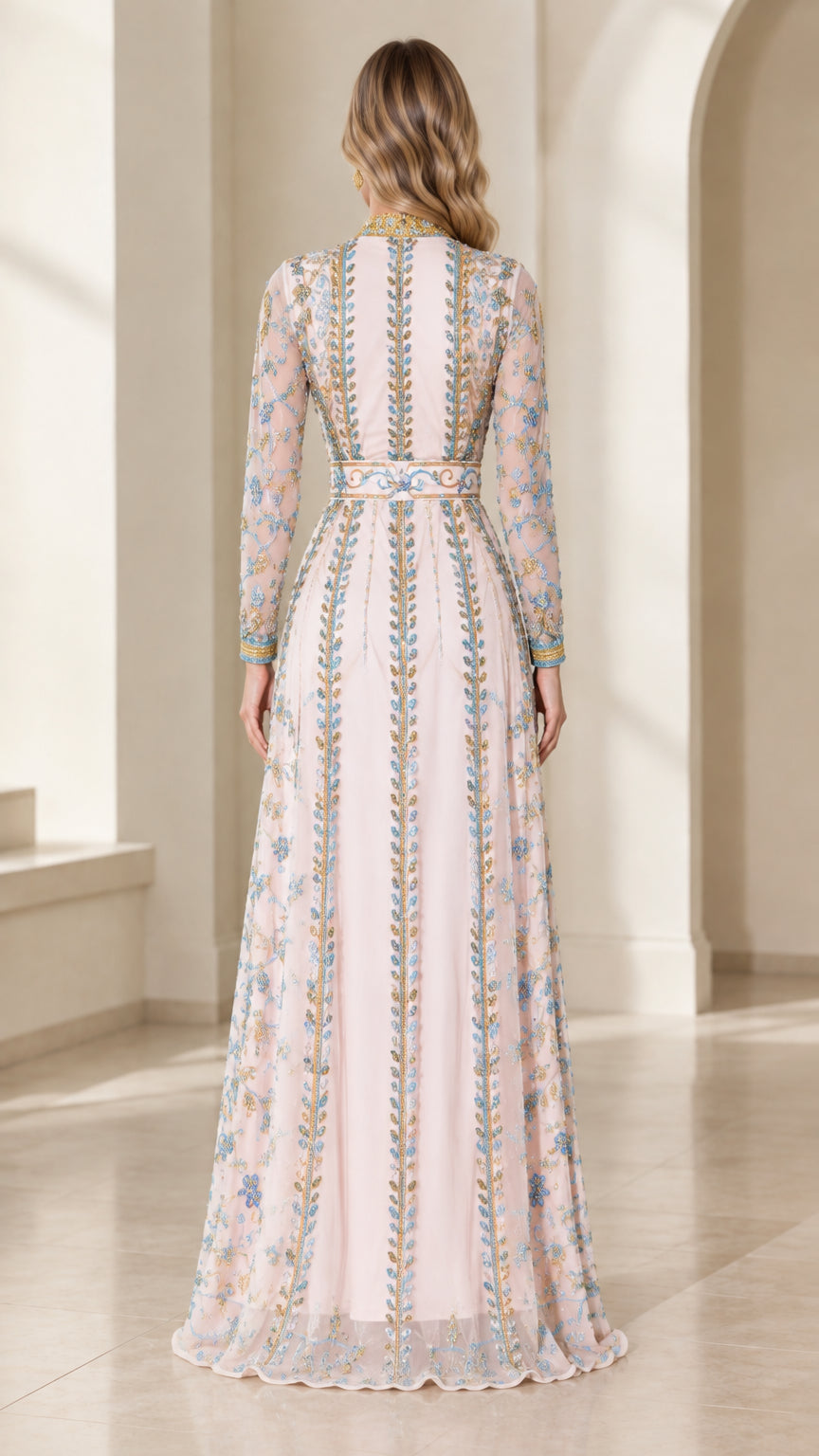 Back view of blush pink floor-length embroidered evening caftan dress