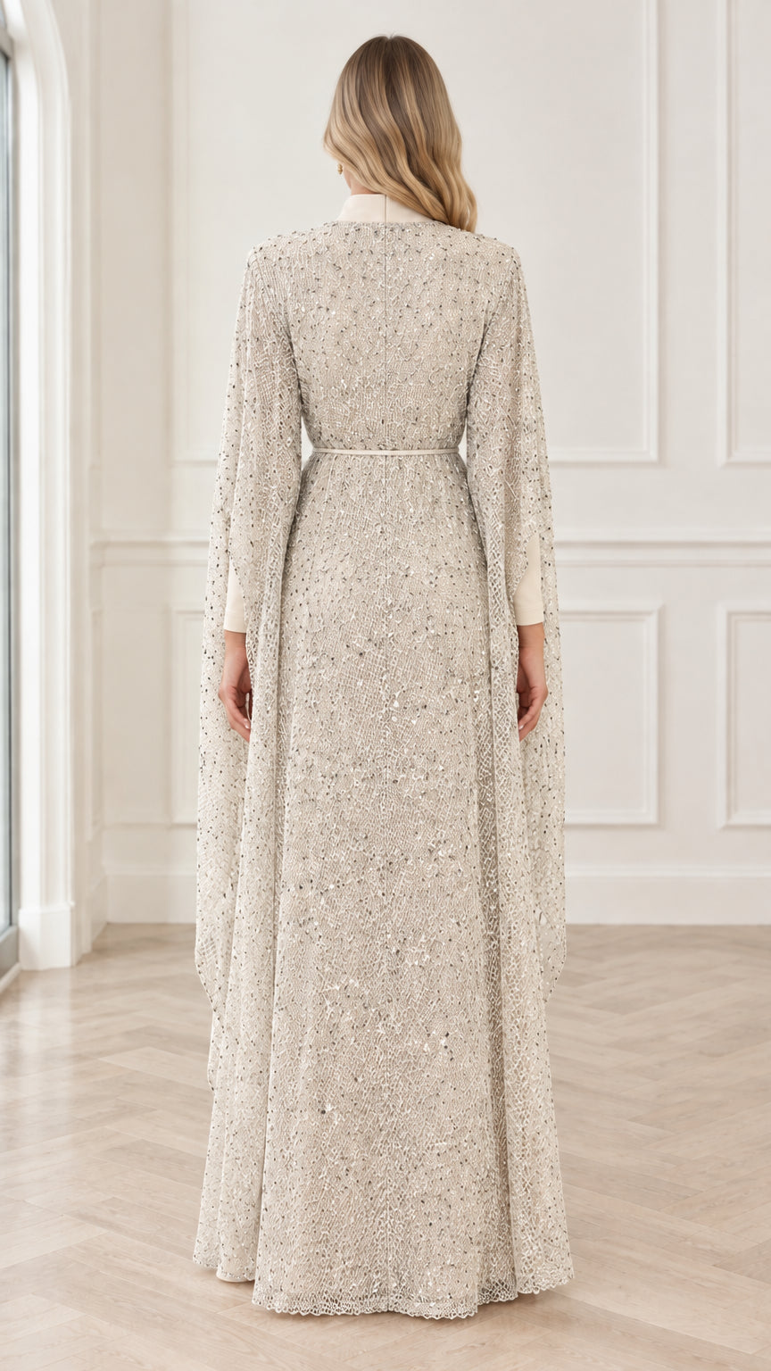 Champagne sequin cape maxi dress back drape view