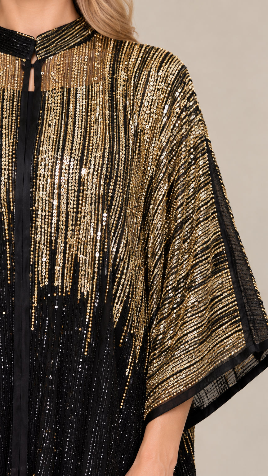 Close-up detail of neckline and intricate gold sequin embellishments on black fabric