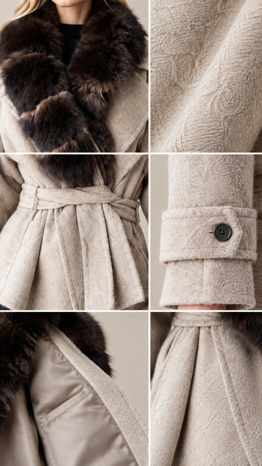 Close-up detail collage showing faux fur collar, belt tie, button cuff, and inner lining