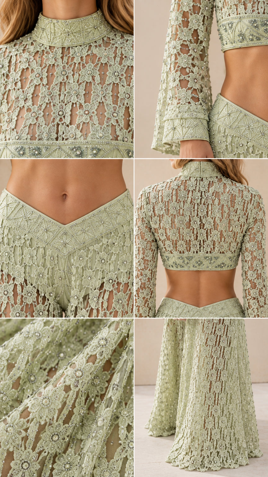 Close-up details of sage green floral lace fabric, beading, and waistband stitching