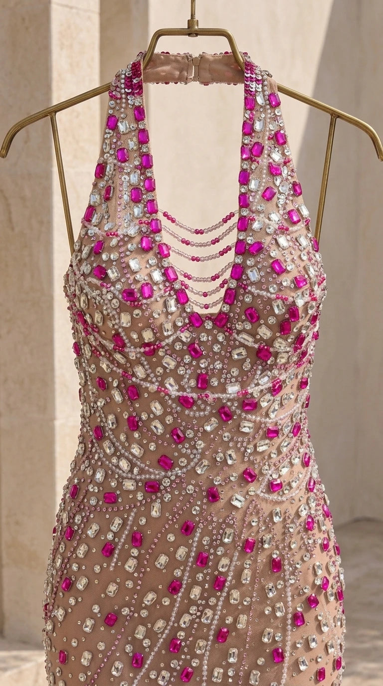Detailed close up of crystal beading and rhinestone neckline detail