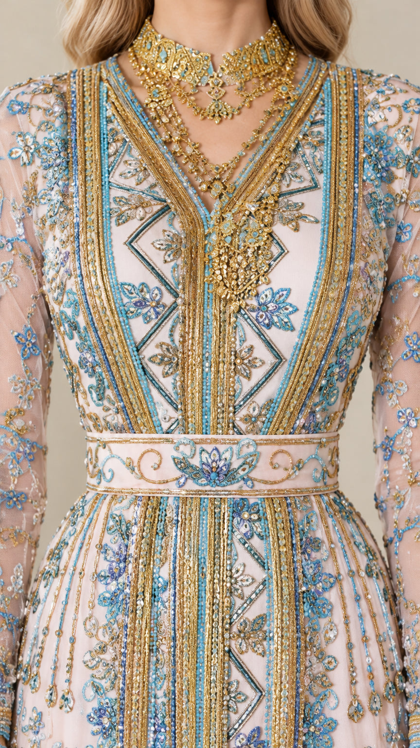 Close-up detail of intricate gold and blue embroidery, neckline, and belt on blush pink caftan