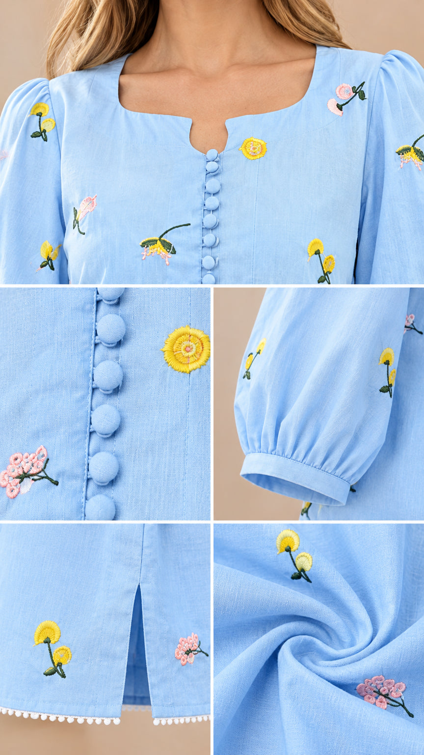 Close-up details of notch neckline, button placket, sleeve cuff, and floral embroidery
