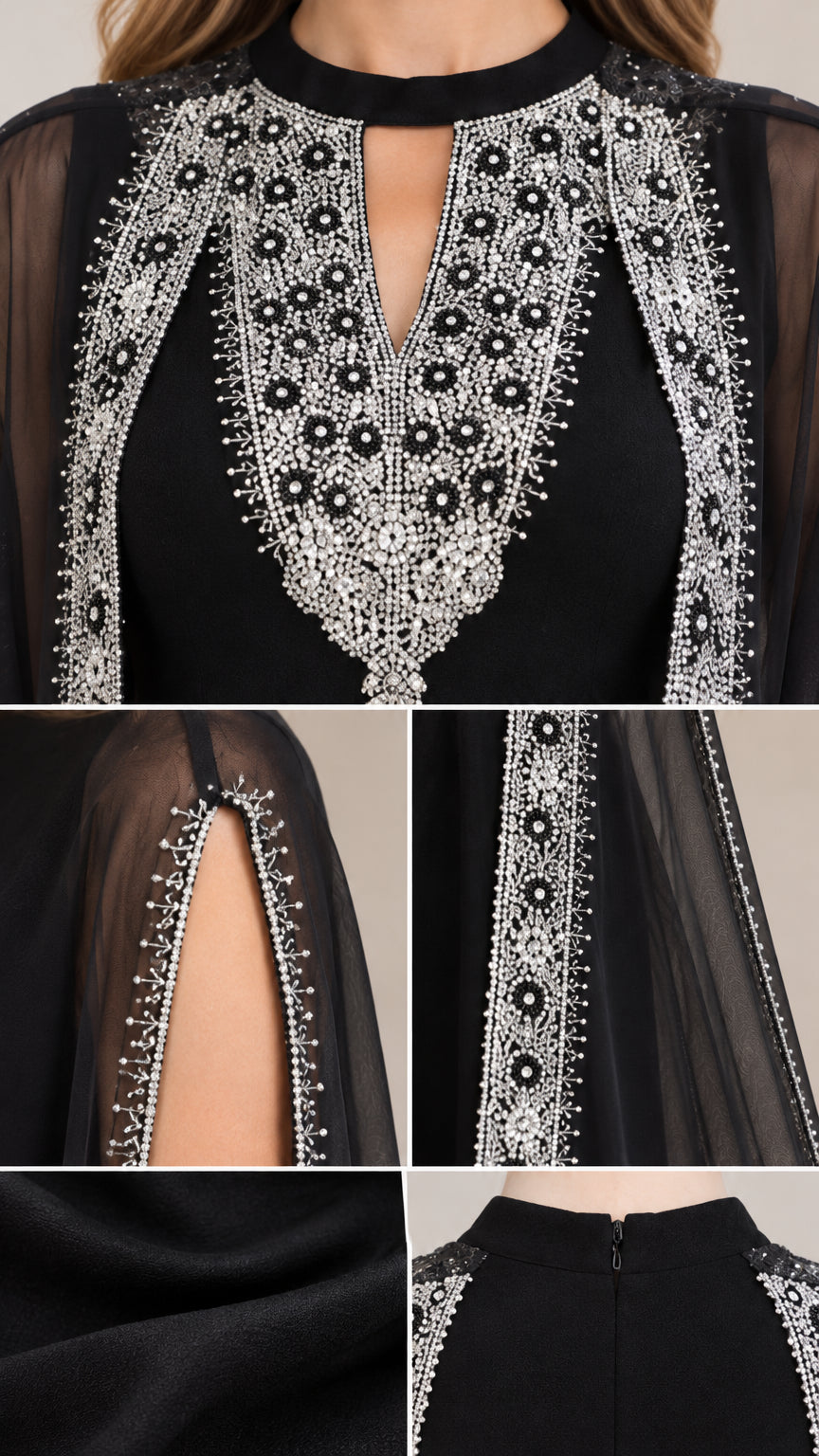 Detailed close-up of intricate crystal-look neckline beading and sheer trim