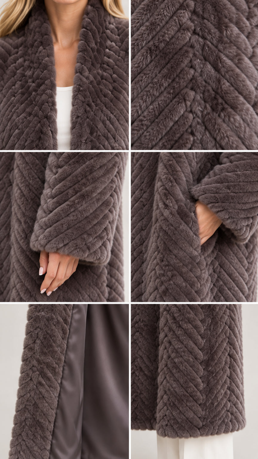 Detail composite showing collar, chevron plush texture, sleeve cuff, pocket, and interior lining