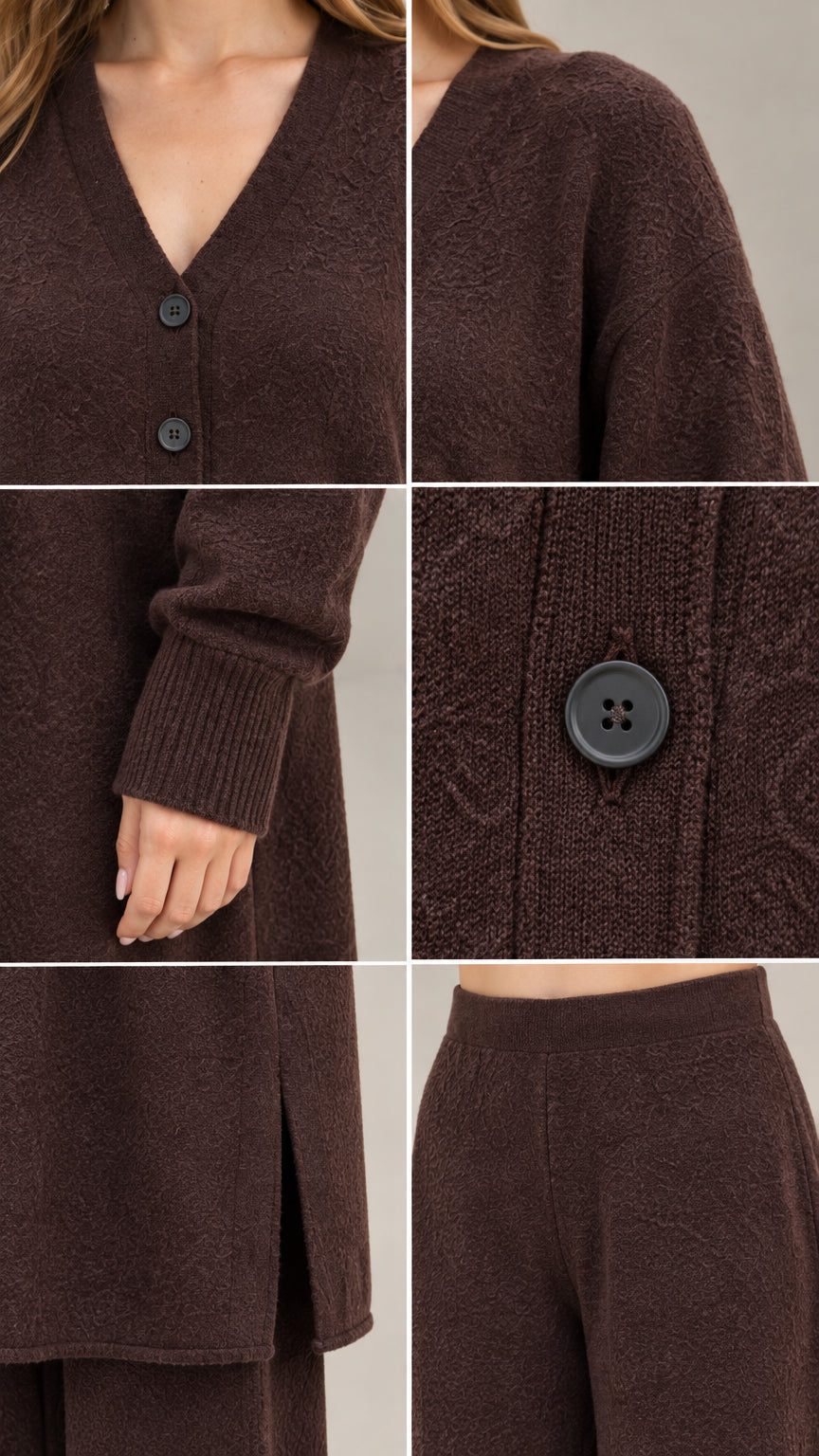 Detailed close-up collage of chocolate brown knit fabric, neckline buttons, ribbed cuffs, and side slits