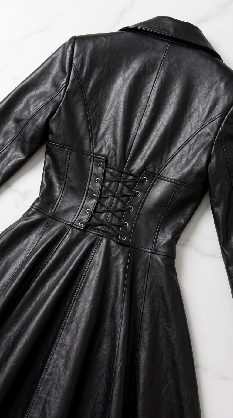 Close-up of black faux leather dress back corset lacing and tailored seams