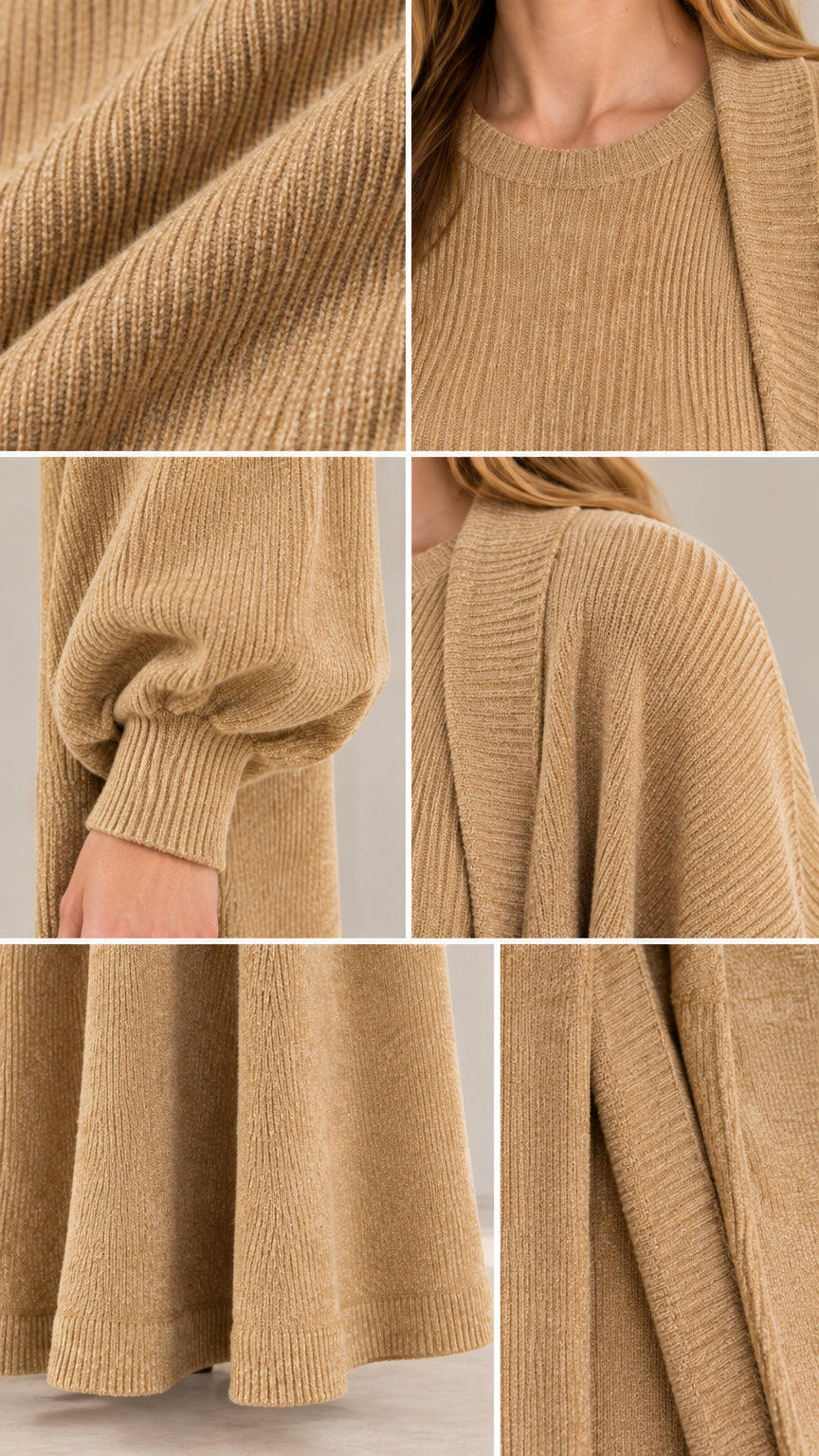 Close-up details of ribbed texture, neckline, sleeve cuff, and hemline of camel knit set