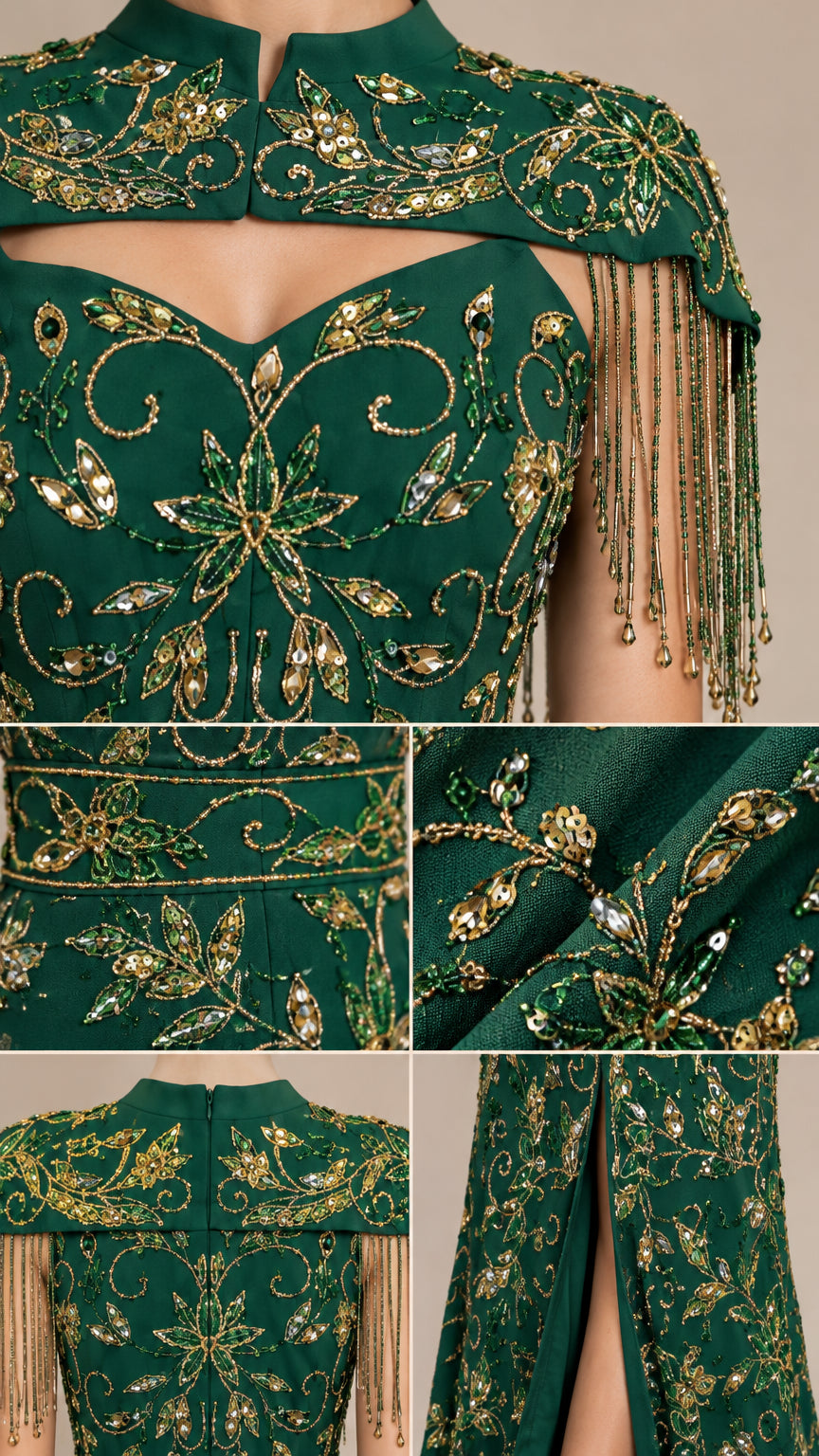 Close-up details of intricate beading, sequin embroidery, and fringe overlay