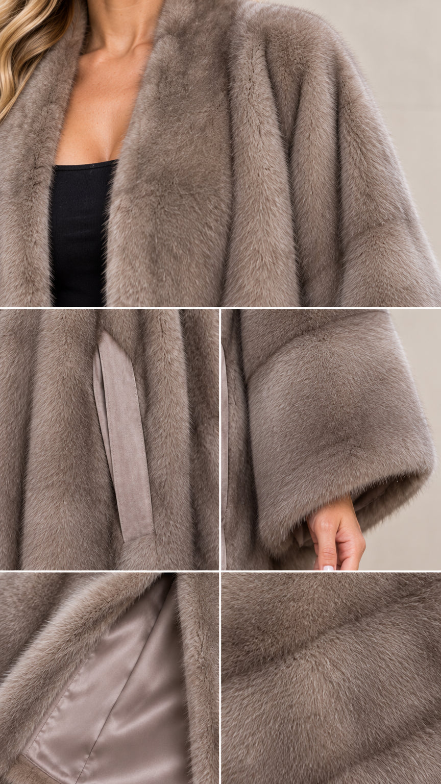 Close-up details of taupe faux fur fabric, belt ties, sleeve cuff, and smooth lining