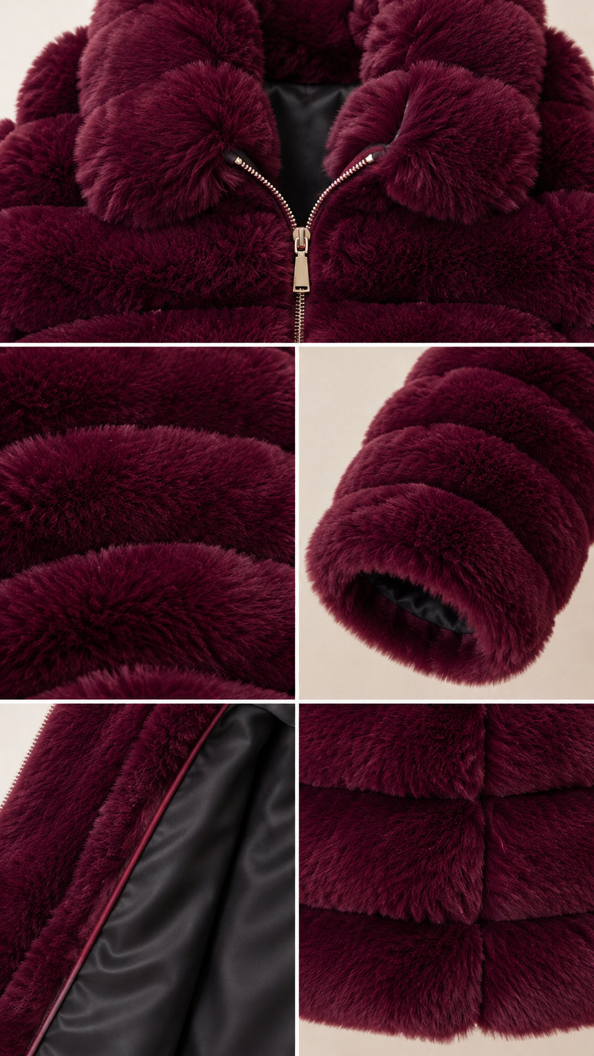 Detailed close-ups of front zipper, faux fur collar, sleeve cuff, and lining