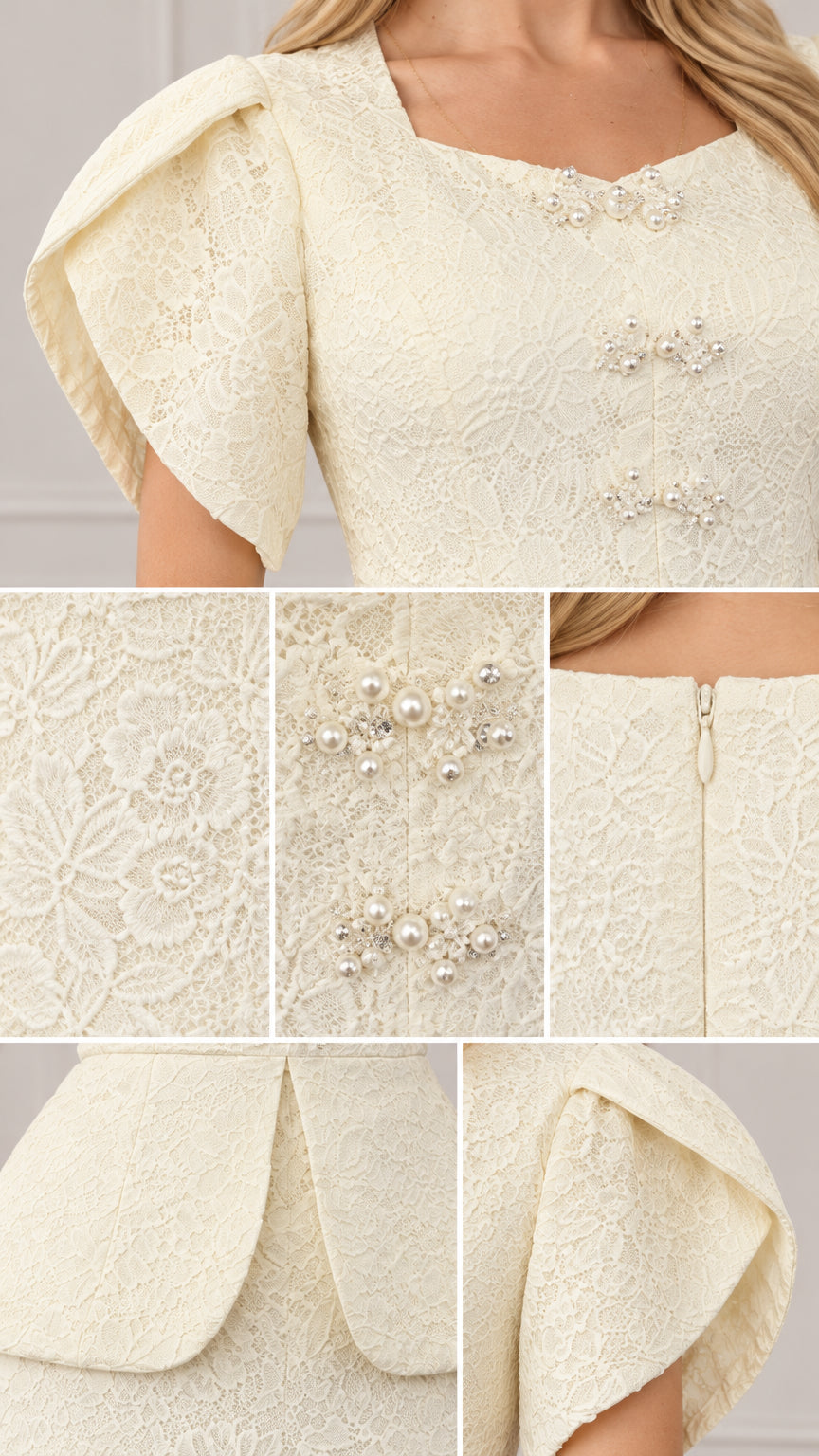 Close-up details of ivory lace texture, pearl bodice accents, and tulip sleeve structure