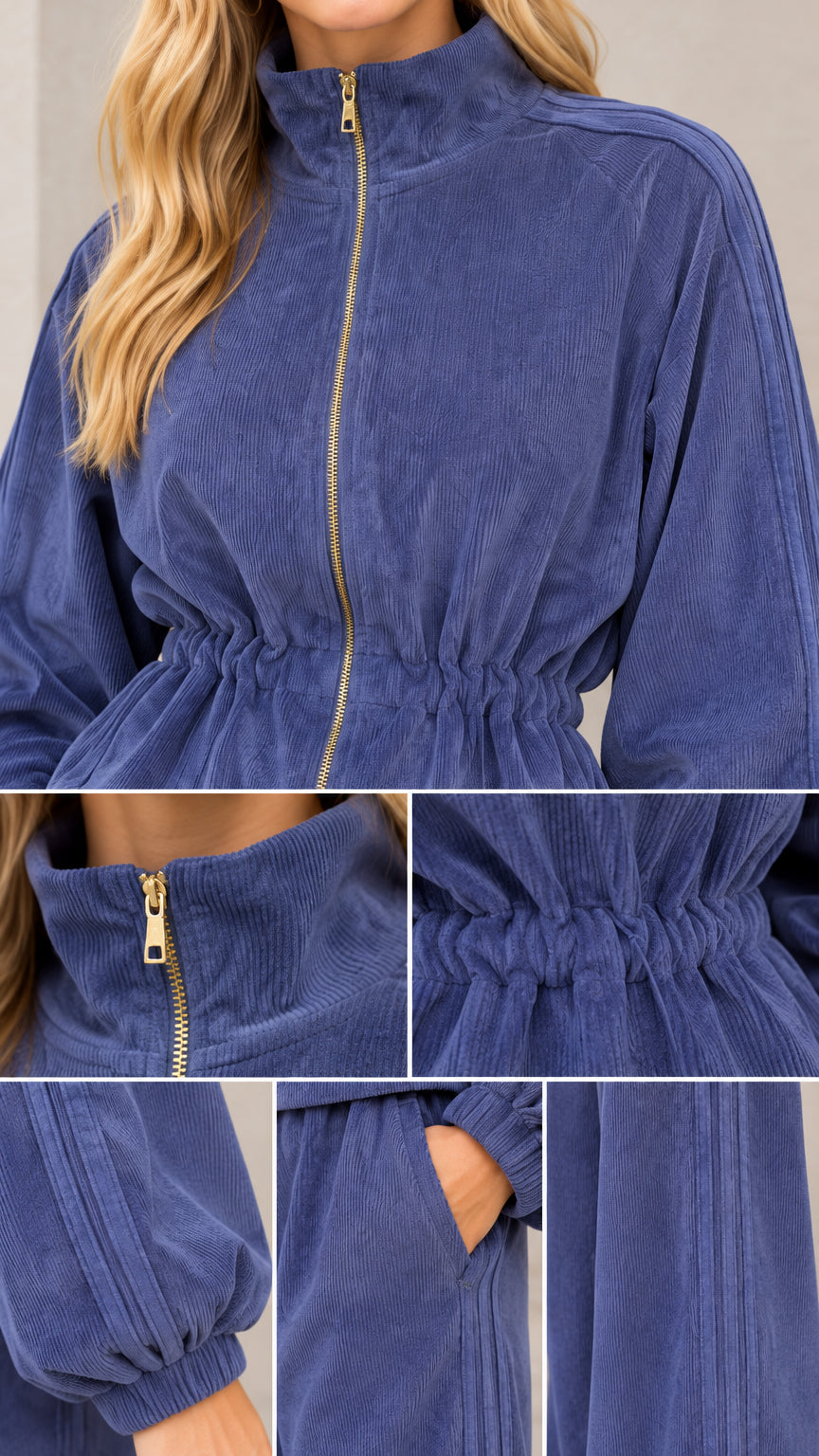 Close-up details of gold zipper, corduroy ribbing, elastic cuffs, and pocket