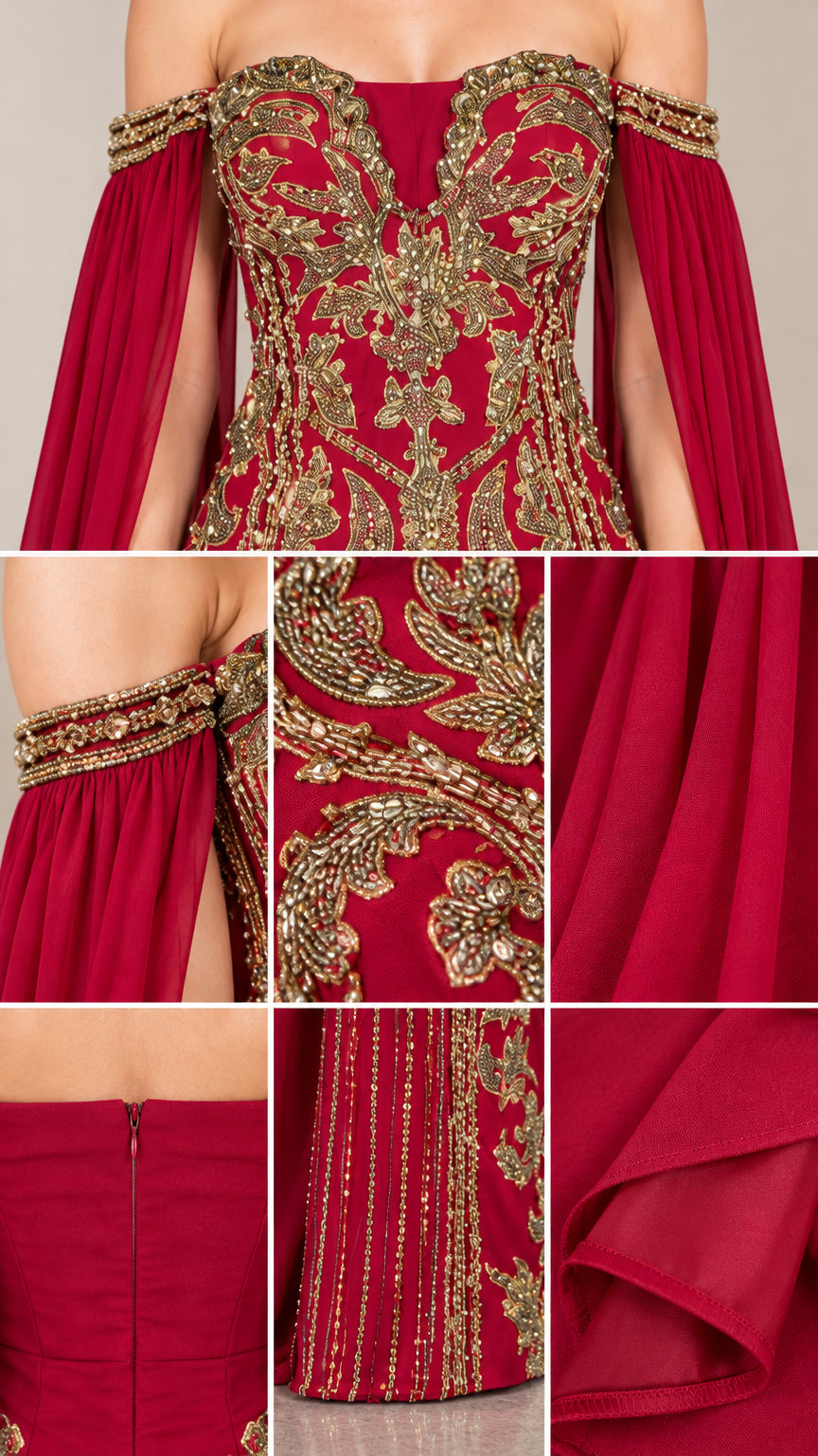 Detailed close-up of gold metallic embroidery, arm cuff, and sheer fabric