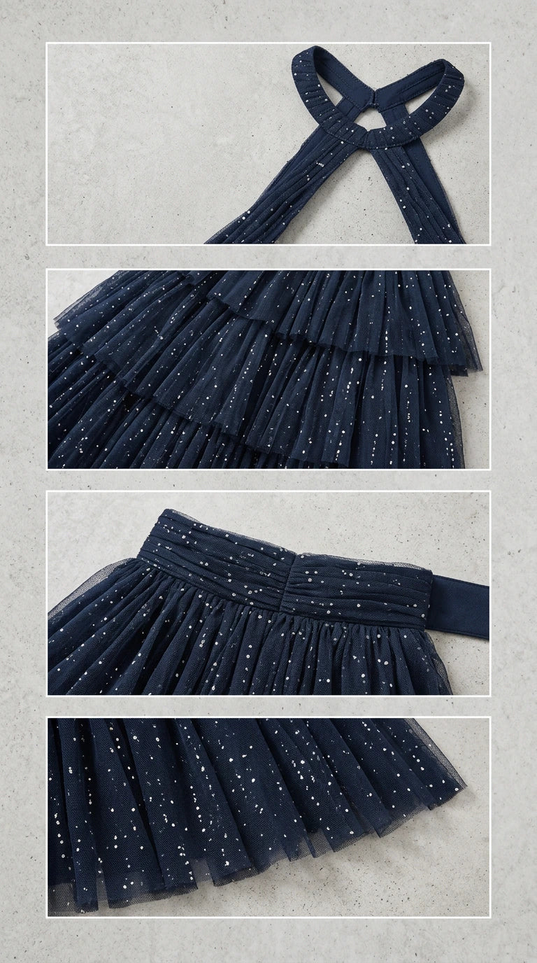 Detailed close-ups of glitter tulle ruffles, halter straps, and waist construction