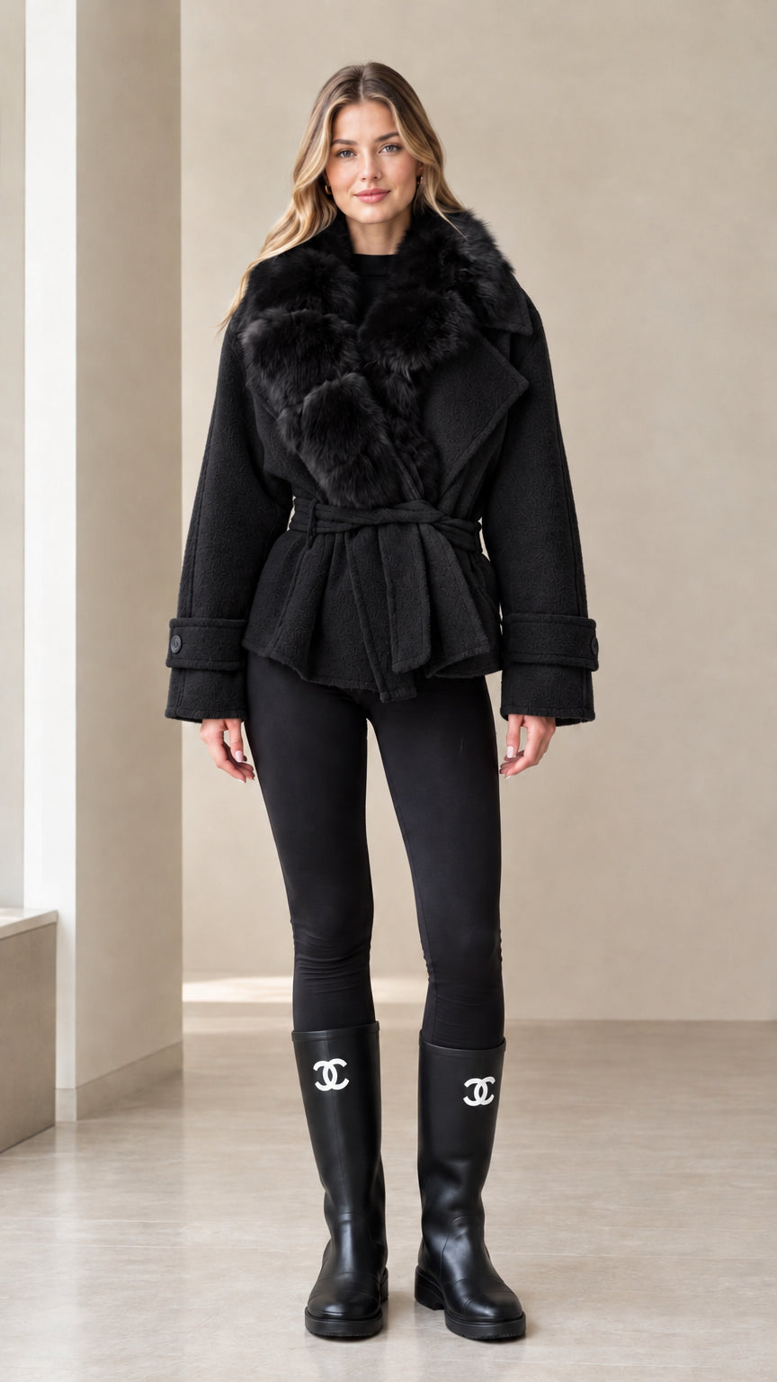 Front view of woman wearing black faux fur collar belted short jacket