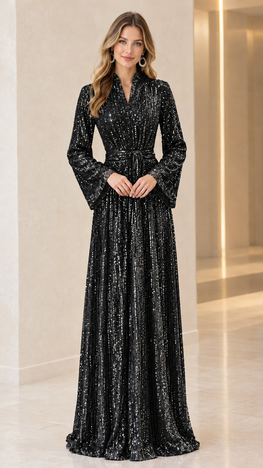Model wearing black sequin long bell sleeve maxi dress with tie belt