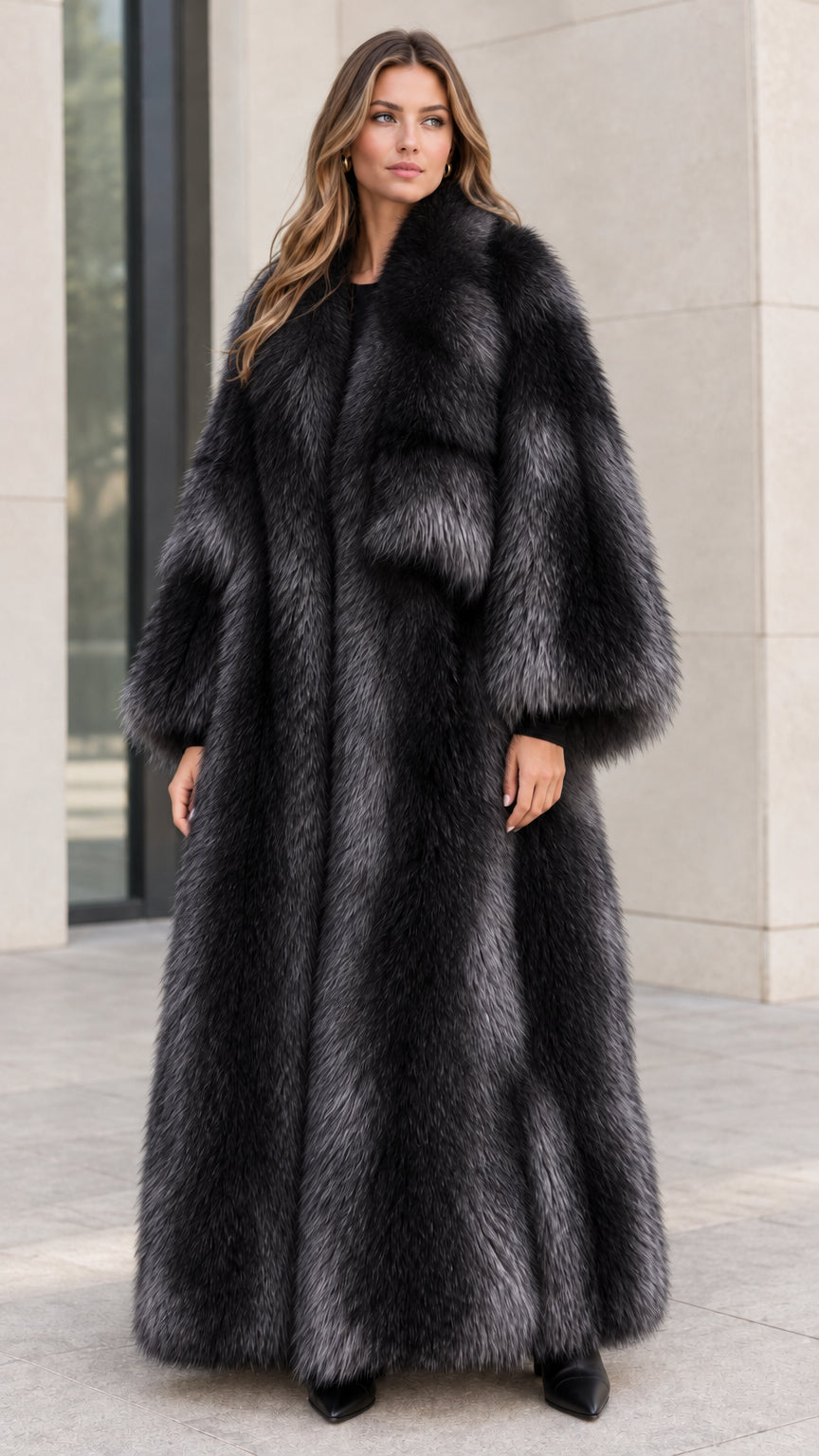 Model wearing Charcoal Black frosted floor-length faux fur maxi coat