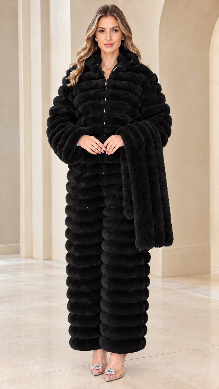 Front view of black ribbed faux fur jumpsuit with matching scarf
