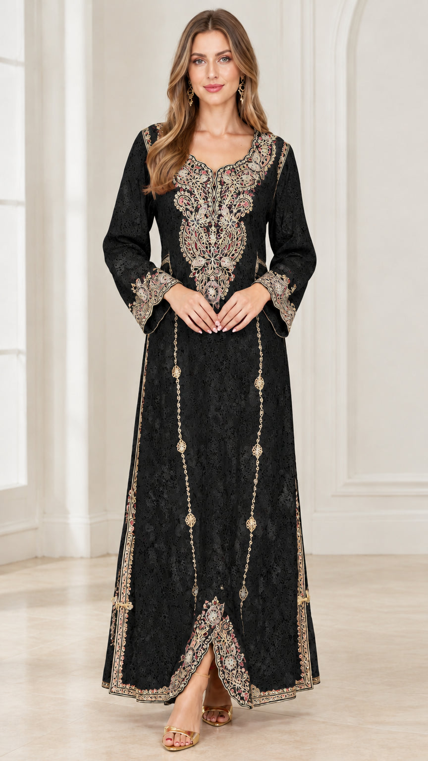 Full-length front view of woman wearing Black metallic embroidered maxi dress